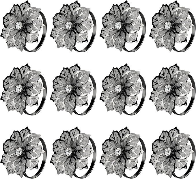 KPOSIYA Flower Napkin Rings Holder Metal Black Napkin Rings Set of 12 for Wedding Party Holiday Banquet Christmas Dinner Delicate Serviette Buckles Decor Favor (12, Black)