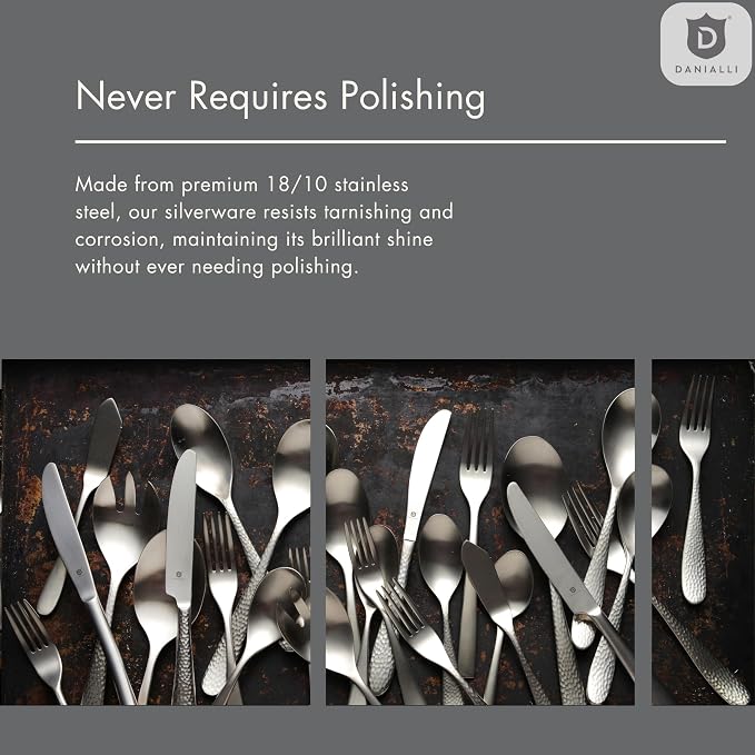 Hammered Silverware Set | Premium 18/10 Stainless Steel Flatware Service - Image 8
