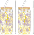 Sliner 2 Pcs Purple Floral Glass Cups Flower Gifts Drinking Glasses 16 oz Iced by Sliner