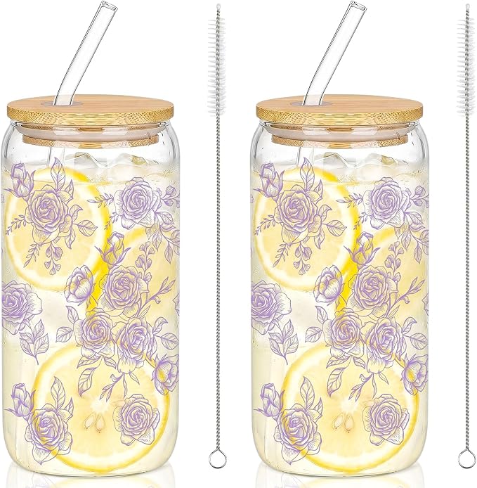 Sliner 2 Pcs Purple Floral Glass Cups Flower Gifts Drinking Glasses 16 oz Iced by Sliner