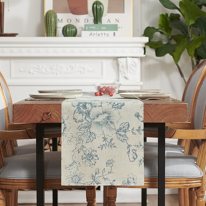 jinchan Blue Floral Linen Table Runner 13 x 72 Inch Rustic | Blooming floral - Image 7