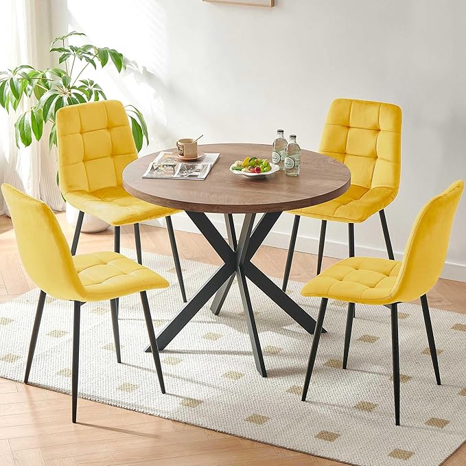 5 Pieces Dining Table Set for 4, 37" Round Kitchen Table Set, Thick MDF Tabletop with 4 Yellow Velvet Dining Chair, Mordern Dining Room Set for Coffee, Living Room