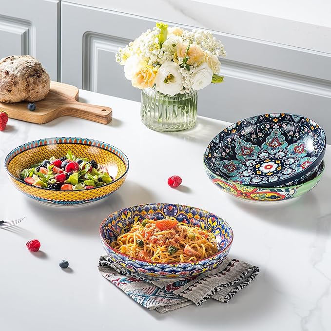 HENXFEN LEAD Pasta & Salad Bowls Set of 4, 45 oz Large Ceramic Serving Bowls – Colorful 9 Inch Wide & Shallow Bowls for Soup & Pasta, Microwave & Dishwasher Safe