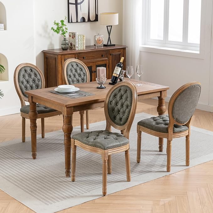 Vintage French Dining Chairs Set of 4, Round Back PU Leather Upholstered Side Chairs with Nailhead Trim and Solid Wood Frame, Sillas de Comedor for Dining Room & Kitchen, Olive Green