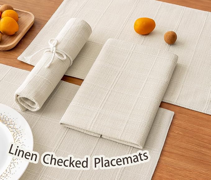 Linen Checked Placemats Set of 6, Ivory Rustic Place Mats 12x18 Inch | Raised - Image 4