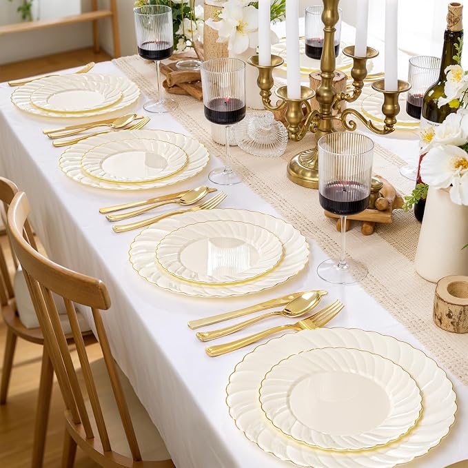 YOUBET 125PCS Ivory Scalloped Plastic Plates - Image 3