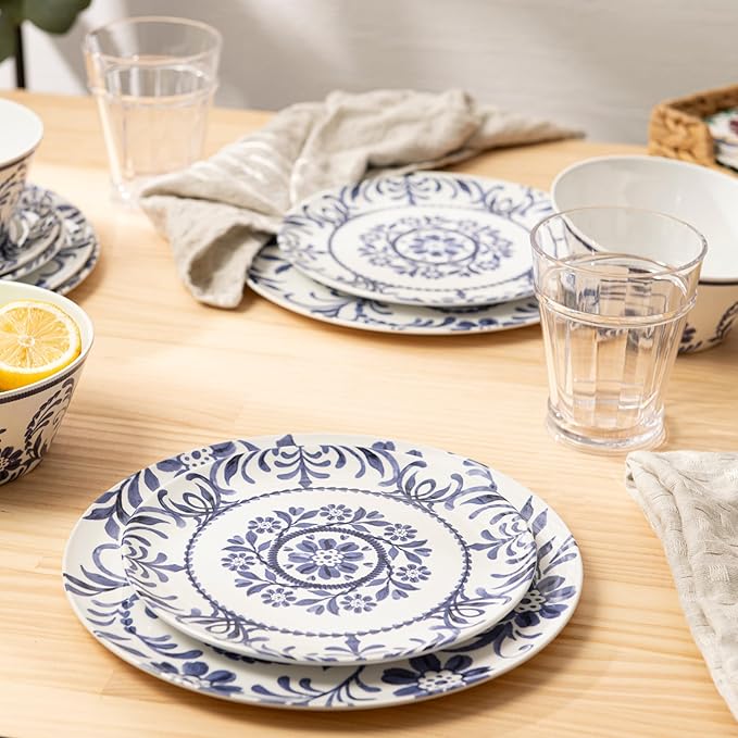 Bzyoo 12-Piece Melamine Dinnerware Set - Indigo Floral | Lightweight, Durable, BPA-Free | Dishwasher Safe Dish Set for Indoor & Outdoor Use - Perfect for Camping, BBQs, Kids Parties
