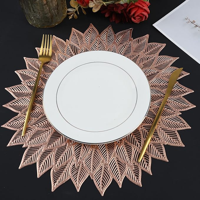 Placemats Set of 8, Round Hollow Out Flowers Place Mats for Dining Table Pressed Vinyl Blooming Leaf Table Mats for Holiday Party Wedding Accent Centerpiece Dinner Table Decoration (Rose Gold)