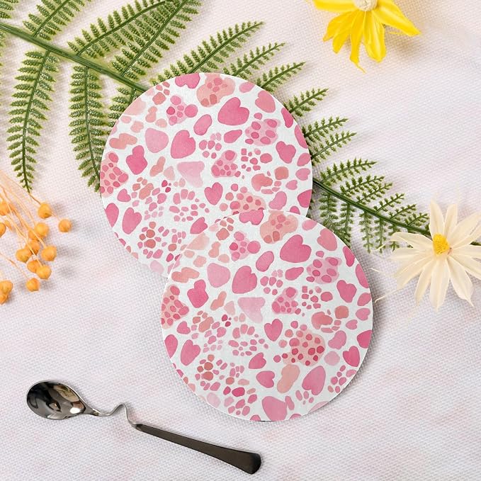 Pink Glitter Leopard Print Set of 4 Round Drink Coaster Cork Trivets - Image 3
