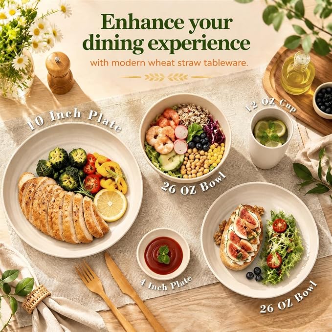 Unbreakable Plates Bowls and Cups Set, Wheat Straw Dinnerware Sets | 40PCS Dish - Image 3
