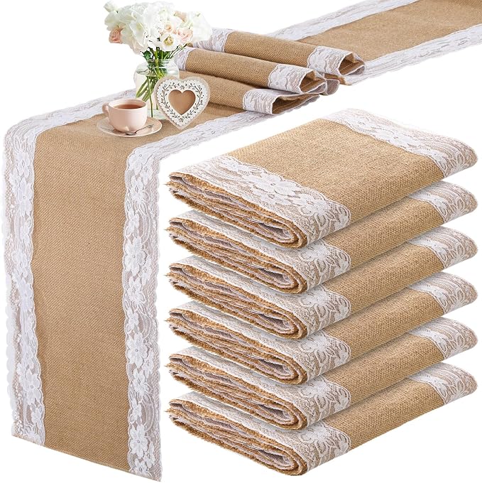 Tatuo 6 Pcs Lace Burlap Table Runner 12'' x 72'' Rustic Jute Hessian Farmhouse by Tatuo