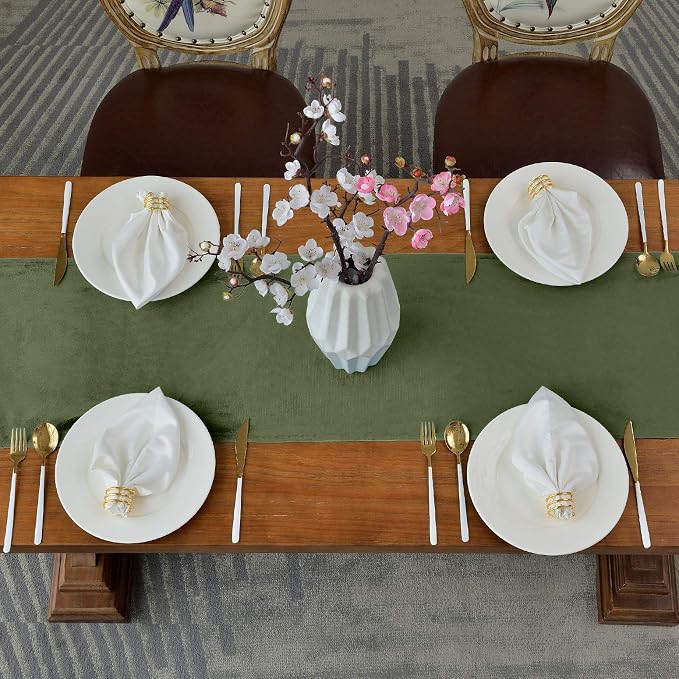 BALCONY & FALCON Table Runner Velvet Olive 14"x95" | Elegant, Fall Decor - Image 3
