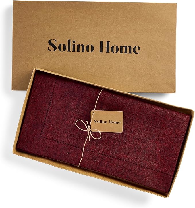 Solino Home Linen Square Tablecloth 52 x 52 Inch - 100% Pure Linen Red Garnet Table Throw - Milan Hemstitch, Machine Washable Table Cloth for Valentines, Winter