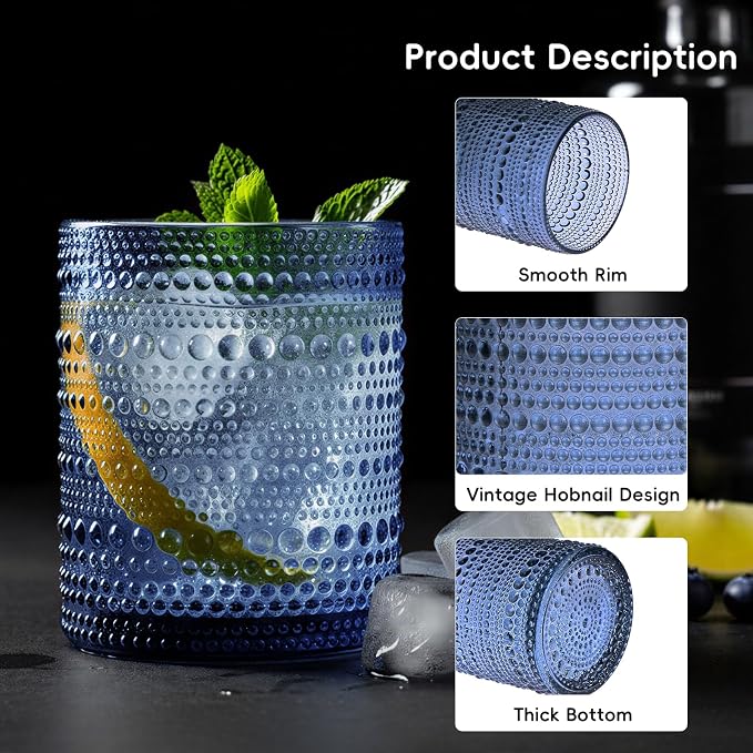 Moretoes Blue Hobnail Drinking Glasses Set of 16, Glass Cups | 12 Oz Highball - Image 5