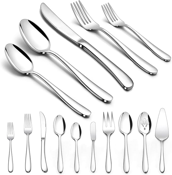 Herogo Heavy Duty Silverware Set with Serving Utensils, 45-Piece Stainless Steel Heavy Weight Modern Flatware Set for 8, Fancy Cutlery for Home Wedding, Dishwasher Safe, Mirror Finished