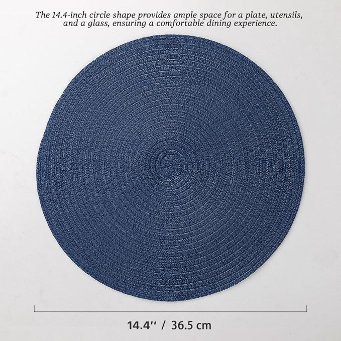 Round Placemats Set of 6 Woven Placemats Washable Braided Table Mats for Dining Table Heat Resistant Non-Slip Circle Place Mats(Navy Blue)
