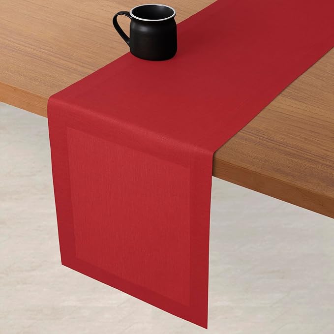 D'Moksha Homes Linen Table Runner 36 Inches - 100% Pure Linen Bright Red Small Table Runner 14 x 36 Inch for Dresser, Coffee Tables, Valentines, Spring, Easter - Machine Washable