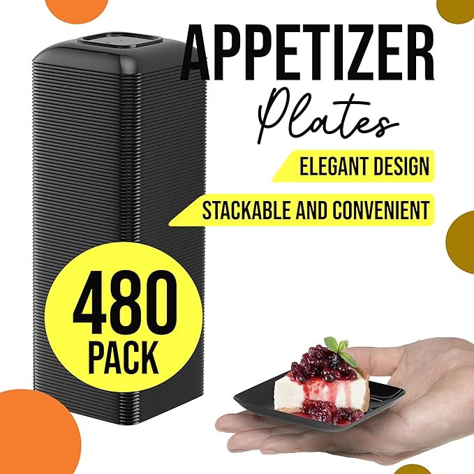 Exquisite Tiny Mini Appetizer Plates - 480 Pack 2.4 In. x 2.4 In. Black Disposable Dessert Plates - BPA Free Small Plastic Plates for Weddings