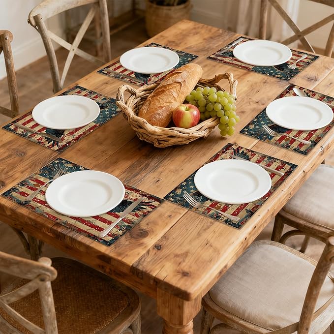 American Flag 12x18 Inch Placemats Set of 6 - Waterproof, Retro Eagle Non-Slip & Washable Table Mats for Kitchen & Dining Table Placemats