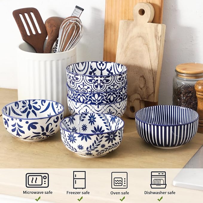 glowworm Cereal Bowls Set of 6, 26 Oz Soup Bowls, Bohemian Blue & White | - Image 5