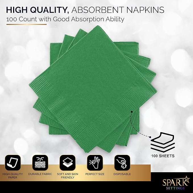 100 Pack Green Beverage Napkins, Big Party Pack, 2 Ply, Ideal for Wedding, Party, Birthday, Dinner, Lunch, Cocktails. (5” x 5”) by Amcrate
