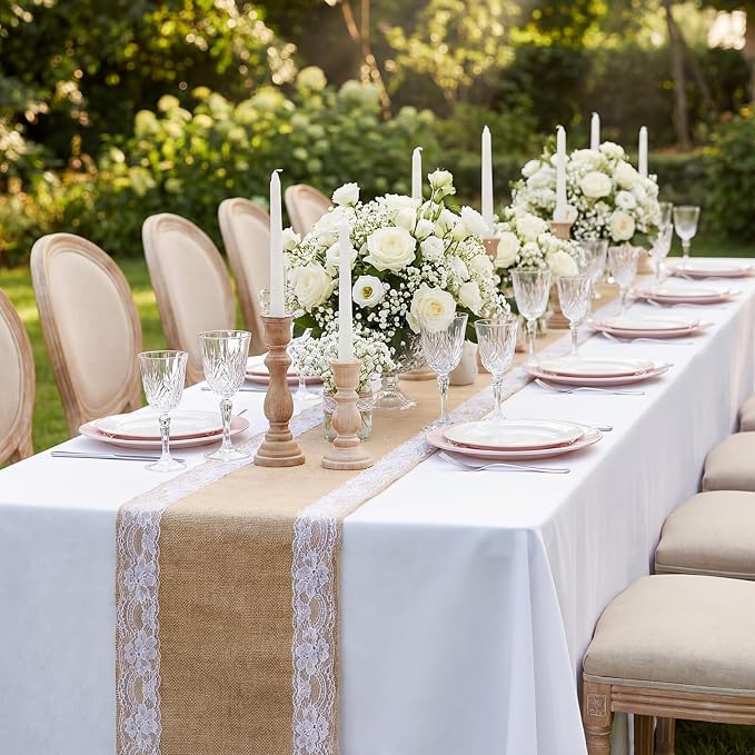 Tatuo 6 Pcs Lace Burlap Table Runner 12'' x 72'' Rustic Jute Hessian Farmhouse - Image 4