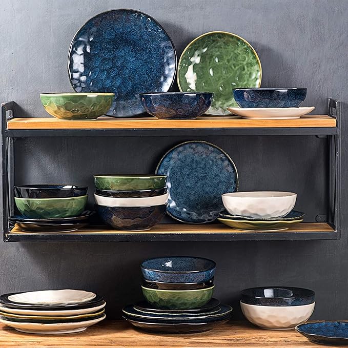 vicrays Ceramic Dessert Salad Plates, 8 Inch, Set of 6, Round, Microwave, Oven, and Dishwasher Safe, Scratch Resistant, Porcelain Fluted Suitable for Snacks, Appetizer, Home, Restaurant (Blue)