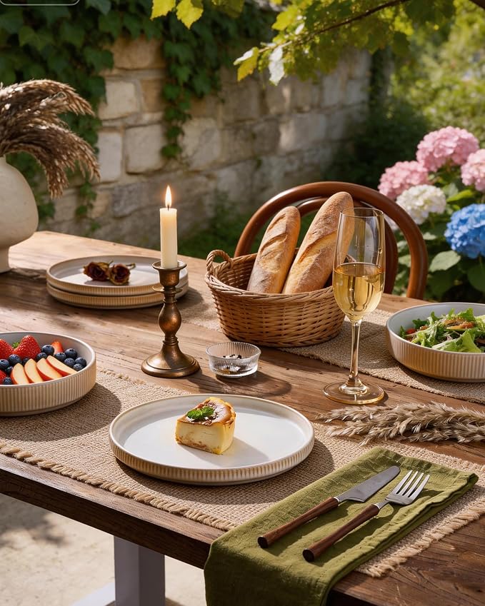 Stoneware Dinnerware Sets for 4, 8-Piece Wide Pasta Bowls and Salad Plates | - Image 3