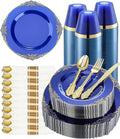 Goodluck 350 Piece Clear Blue Plastic Dinnerware Set for 50 Guests, Fancy Disposable Plates, Include: 100 Blue Rim Plastic Plates, 150 Silverwares, 50 Pre Rolled Napkins, 50 Cups for Party, Wedding