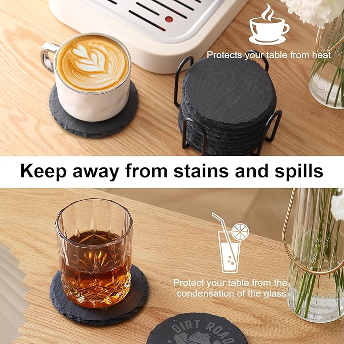 Slate Coasters Set of 6,4-Inch Black Round Stone Drink Coasters with Scratch-Resistant Backing, Durable Tabletop Protection for Home Office Kitchen, Ideal Housewarming Wedding Gifts