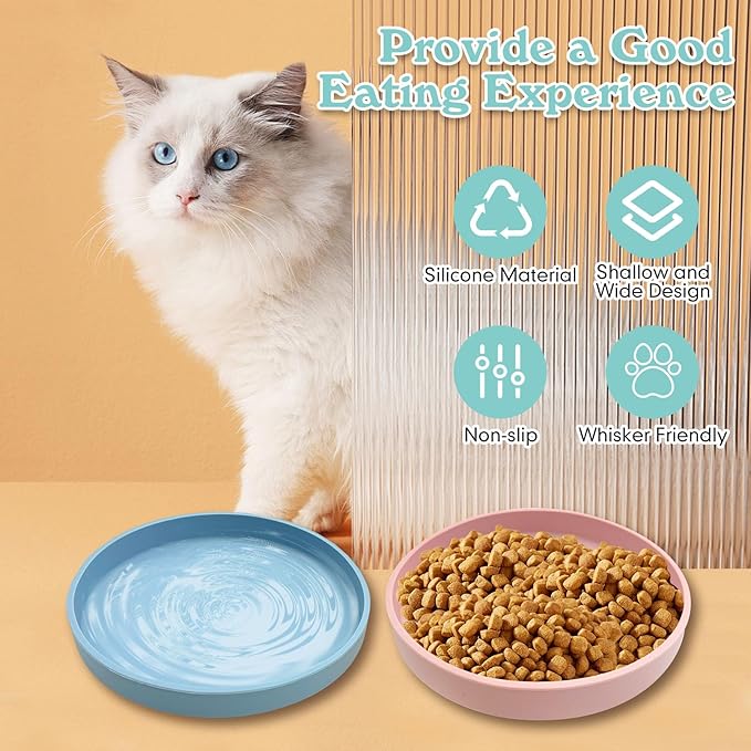 Silicone Cat Food Bowl Shallow Dishes 5.9in Wide Cats Bowls Set of 2 Kitty Plates Relief Whisker Fatigue Puppy Feeding Bowl for Dry Food and Wet Food Indoor (Round Pink)