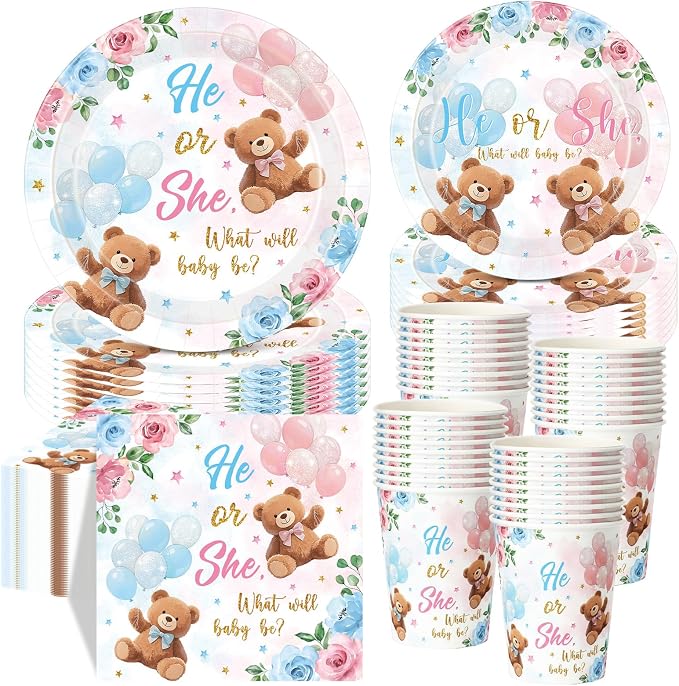 Funnymoom 250 Pcs Bear Gender Reveal Paper Plates and Napkins Party Supplies by Funnymoom