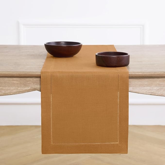 Solino Home 100% Pure Linen Table Runner Brown Sugar Hemstitch, 14 x 120 in | by SolinoHome