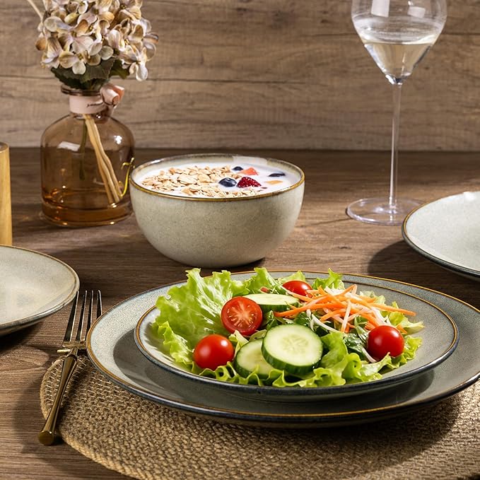 AmorArc Ceramic Dinnerware Sets for 4, 12 Pieces Handpainted Stoneware Plates and Bowls Set, Scratch Resistant Dishes Set, Dishwasher & Microwave Safe, Reactive Color