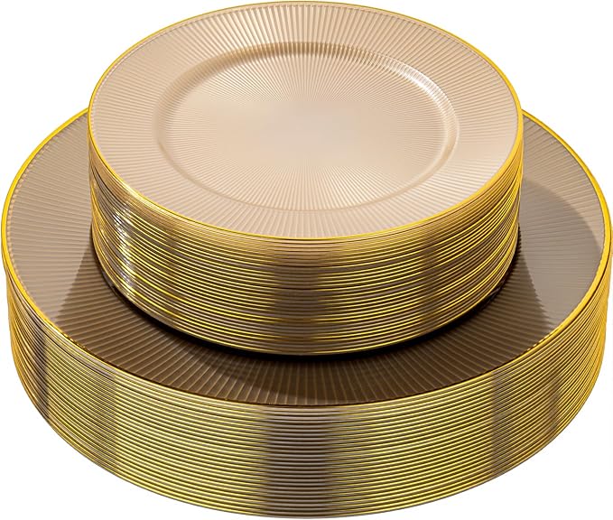Hioasis 60pcs Brown and Gold Plastic Plates - Brown Disposable Dinnerware Set, 30pcs Dinner 10.25in & 30pcs Dessert 7.5in Plates with Striped Designs for Party & Wedding
