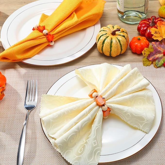KPOSIYA Fall Napkin Rings Set of 12, Thanksgiving Pumpkin Maple Leaf Napkin - Image 2