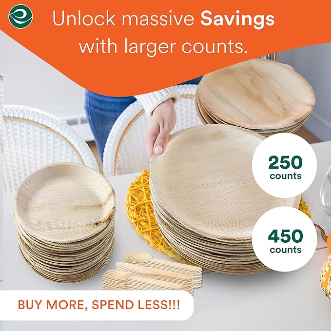 ECO SOUL 100% Compostable Palm Leaf Dinnerware Set For 75 Guests [10", 6" Round plates 75 Count each | Fork, Knife, Spoon,100 Count each] | Biodegradable Disposable Utensils for Wedding, Parties & BBQ