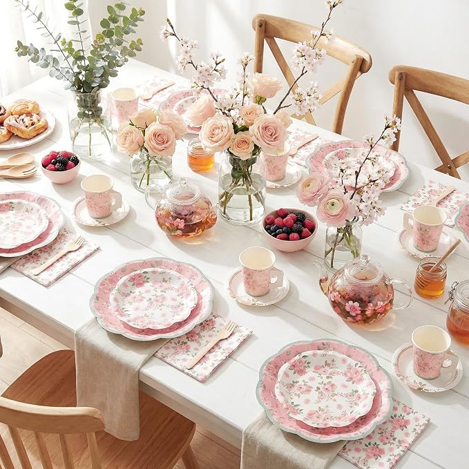 Pickmesh 252 Pcs Pink Floral Tea Party Supplies - Image 5