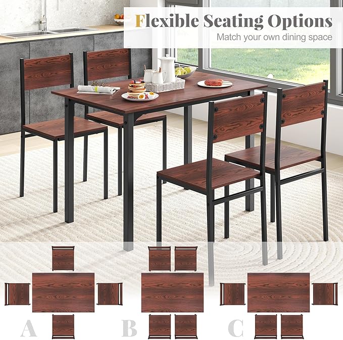 COSTWAY Dining Table Set for 4, Rectangular Kitchen Table and Chairs Set with Backrest, Metal Frame, Space-Saving Dinette Set, Breakfast Nook Table Set for Small Space, Apartment, Dorm (Walnut)