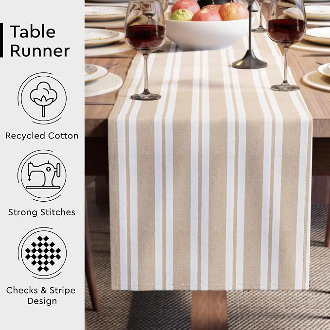 Encasa XO Table Runner, Woven Cotton Dining Runner 13"x72" Franca Beige Stripes - Image 3