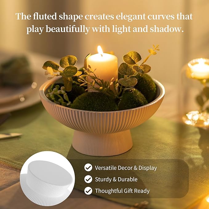 Hanobe Decorative Bowl Entryway Table: Coffee Table Decor for White Fluted Dough Pedestal Bowls - Modern Farmhouse Decor Marble Bowl for Pottery Barn Decor - Footed Key Holder for Home Kitchen Counter