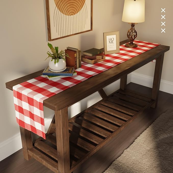 Encasa XO Table Runner, Woven Cotton Dining Runner 13"x72" | Buffalo Red Checks - Image 2