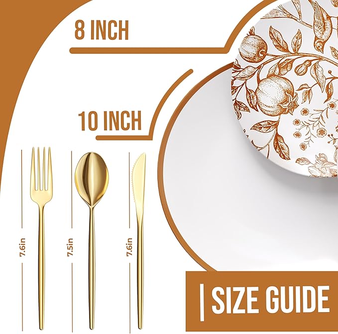 Trendables Fancy Plastic Dinnerware Sets 100 Pc Set 20 Guests Gold Silverware Disposable 20 X 10 Inch Charger Plates 20 X 8 Inch Dessert Plates 20 x Gold Plastic Forks and Spoons Knives In Pomegranate