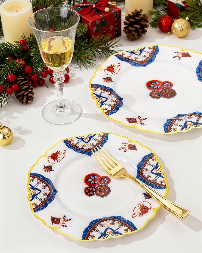 Morejoy 60pcs Plastic Disposable Plates Set - White Plastic Plates Featuring Classic Blue and Russet Floral Design With Gradient Gold Rim, 10.25 Dinner & 7.5 Dessert Plates for Wedding & Party