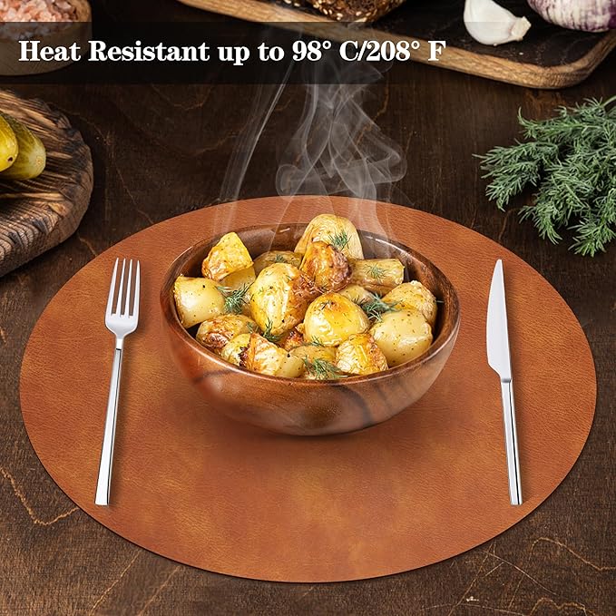 Round Placemats and Coasters Set of 6, Washable Reversible Faux Leather Placemats Cowhide Pattern Place Mats Wipeable Non-Slip 15 inch Round Kitchen Dining Table Mats (Gray Brown, 6)