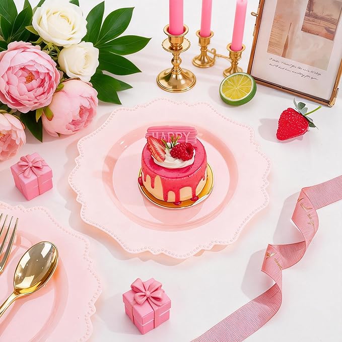 COLOSUS 60pcs Pink Plastic Dessert Plates - 7.5 Inch- Heavy Duty Disposable Plastic Appetizer/Salad/Cake Plates for Party Wedding and Everyday Use,Valentine's Day