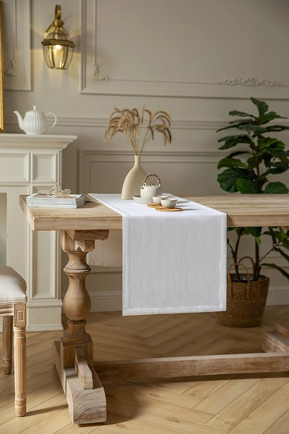 Burlap Style Farmhouse Table Runner, 14x60 Inches White | Thick Durable Fabric - Image 3