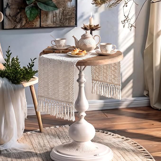 Boho Table Runner with Tassels White - Image 4