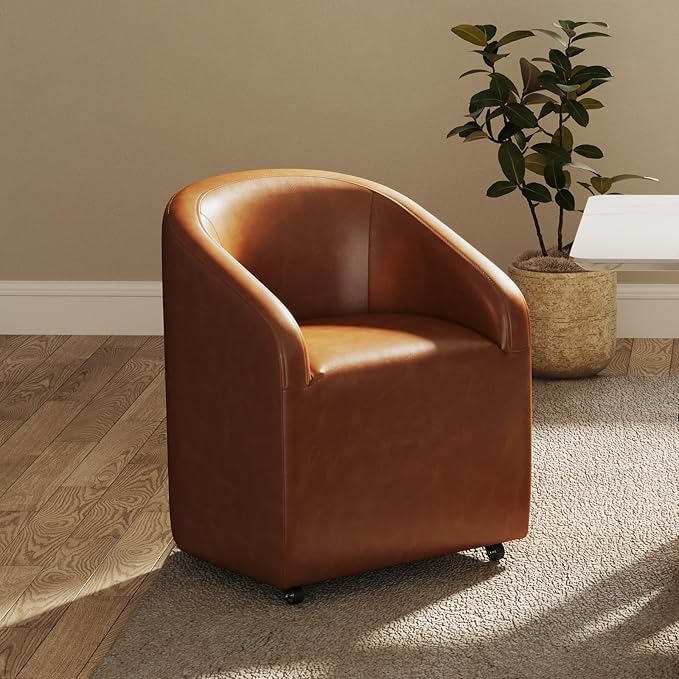 Modern Barrel Dining Chairs with Rolling Casters Set of 2, Upholstered PU Leather Swivel Dining Room Chairs with Wheels for Kitchen Living Room Home Office, Brown