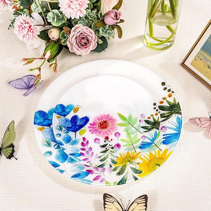 DaYammi 20Pcs Wildflower Plastic Plates-Floral Plastic Plates Disposable Heavy Duty,Fancy Floral Pattern Perfect for Wedding,Holidays - 10.25" Dinner Plate,7.5" Dessert Plate for Party Valentine's Day
